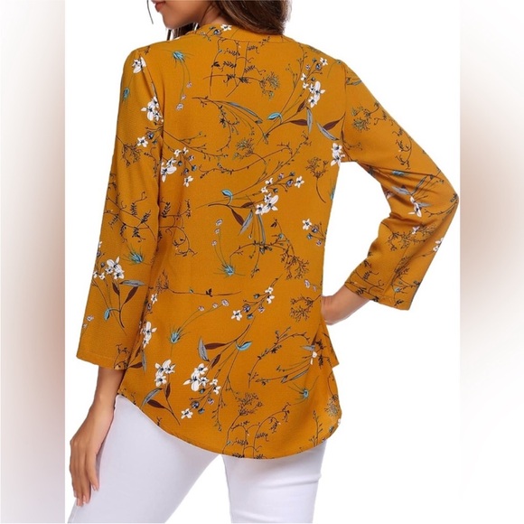 Women's Floral Chiffon Blouse 3/4 Sleeve V
Neck Yellow Zipper Top - Picture 4 of 6